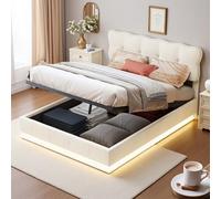Cama doble acolchada de 140 x 190 cm, cama con almacenamiento hidráulico y cabecera de cama capitonada, marco de camas para 2 personas de madera con iluminación LED, terciopelo, beige, sin colchón