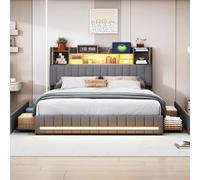 Cama doble acolchada de 140 x 190 cm, camas para 2 personas con luces LED y puerto USB, cama tapizada con somier de láminas y cabecera, para adultos y adolescentes, terciopelo (140 x 190 cm gris+4