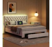 Cama doble acolchada de 140 x 190 cm, camas para 2 personas con luces LED y puerto USB, marco de cama 140 x 190 con somier de láminas y 2 cajones para adultos y adolescentes, terciopelo (beige A, 140