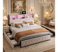 Cama doble acolchada de 140 x 200 cm, cama de 140 x 200 cm, con somier de maletero, tapizado con mesita de noche LED y USB, camas con 4 cajones, fácil de montar, terciopelo, sin colchón (Beige-4, 140