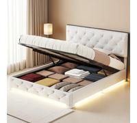 Cama Doble Acolchada de 140 x 200 cm, Cama tapizada de con Cabecero led y Almacenaje Hidráulica, Camas Funcional con somier, Moderno Estructura de Camas, Lino, Beige, sin colchon