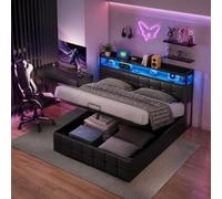 Cama Doble Acolchada de 140 X 200 cm, Camas tapizada con iluminación LED, función de Carga USB y Espacio de Almacenamiento hidráulico, cabecero con canapé, Moderna Cama de 2 Personas, PU, Negro