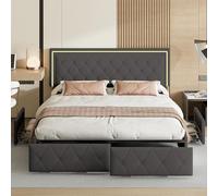 Cama doble acolchada de 160 x 200 cm, con 4 cajones de almacenamiento, cama doble con cabecera ajustable y LED, moderna, superficie de PU (B)
