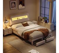 Cama doble acolchada de 160 x 200 cm con LED y multienchufe, cama de 160 x 200 con cajón, camas de almacenamiento con somier de láminas, cama para niños, baúl para adultos y adolescentes (blanco, 160