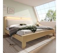Cama doble, cama de madera de 140×200cm, cabecero con espacio de almacenaje y respaldo tapizado en pana beige, estructura de cama con láminas de madera, roble claro (sin colchón ni banco de cama)