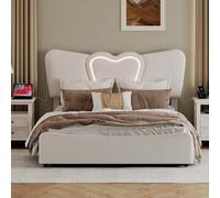 Cama doble con baúl de almacenamiento, cama de adulto acolchada con respaldo suave, cama de 160 x 200 con USB, marco de cama con almacenamiento LED, cama con cabecera Heart Design (Beige, 160 x 200)