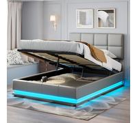 Cama doble con espacio de almacenamiento, cama tapizada de 160 x 200 cm, cama juvenil con almacenamiento hidráulico con USB y somier de láminas, moderno marco de cama funcional para dormitorio