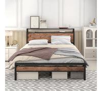 Cama doble de 120 x 200 cm, cama de metal con cabecero de almacenamiento y somier de láminas de metal, cama juvenil, cama funcional, estructura de cama de metal, marco de cama industrial, sin colchón