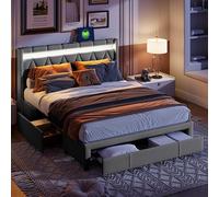 Cama doble de 140 x 200 con somier, marco de cama con cabecera regulable en altura por LED, cama acolchada con 4 cajones y somier de láminas, camas de 140 x 200, camas tapizadas con almacenamiento