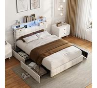 Cama doble de 160 x 200 cm con espacio de almacenamiento, cama tapizada con 4 cajones debajo de la cama, cabecero con estante y 2 cajones, cama juvenil con cajón, estructura de cama con somier