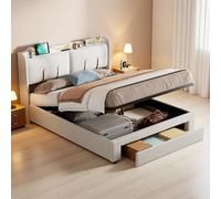 Cama doble de 160 x 200 cm con espacio de almacenamiento, cama tapizada con cajón y cajón, cama juvenil con USB y tipo C, cabecero de cama con espacio de almacenamiento y LED, estructura de cama con