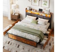 Cama doble de metal con 4 cajones e iluminación LED, respaldo de poliuretano cabecero con espacio de almacenamiento, marco de cama industrial, estructura de cama con somier, sin colchón (A, 140 x 200