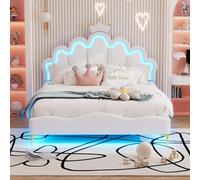 Cama doble de princesas de 140 x 200 cm con iluminación LED - Lujosa cama tapizada en forma de corona, piel sintética, altura ajustable, tira de luz ambiental, mando a distancia, cama de diseño de