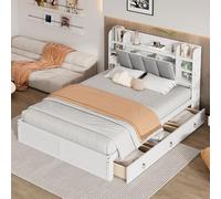 Cama doble, estantería abierta, tres cajones con ruedas, asas de metal, compartimento de almacenamiento con puerta abatible, marco de pino, adolescentes y adultos, pino+MDF, blanco+gris (140 x 200 cm)
