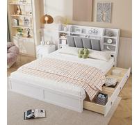 Cama doble, estantería abierta, tres cajones con ruedas, asas de metal, compartimento de almacenamiento con puerta abatible, marco de pino, adolescentes y adultos, pino+MDF+terciopelo, blanco y gris