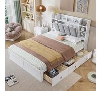 Cama doble, estantería abierta, tres cajones con ruedas, asas de metal, compartimento de almacenamiento con puerta abatible, marco de pino, adolescentes y adultos, pino+MDF, blanco y gris, 140 x 200