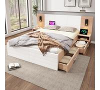 Cama doble, estructura de madera de 140×200 cm con 2 cajones y espacio de almacenaje, moderna cama con 2 mesitas de noche, estructura y somier de láminas de 215×80×207 cm en roble/blanco (sin colchón