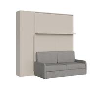 Cama doble francesa abatible de 140 cm, sofá Versia vertical con sofá, estante y armario de 1 puerta a la izquierda, color arcilla