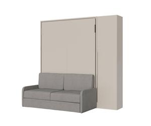 Cama doble francesa abatible vertical de 140 cm, Versia Sofà, con sofá y armario de 1 puerta a la derecha, Clay