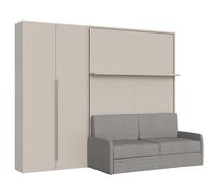 Cama doble francesa abatible vertical de 140 cm, Versia Sofà, con sofá y armario de 2 puertas, izquierda, Clay
