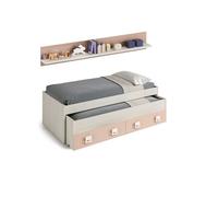 Cama nido doble SIN somier con 2 cajones y estante Blanco Alpes y Rosa, NUBE