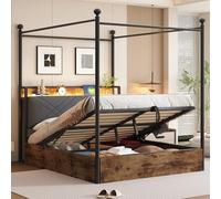 Cama doble multifuncional de hierro forjado 140*190, con compartimento elevable hidráulicamente y dosel de hierro forjado, con postes de cama extraíbles, cama para adultos/jóvenes, color negro