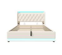 Cama doble tapizada 160*200 - led 360° surround, almacenamiento hidráulico, cabezal con usb tipo-c - blanco pu