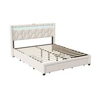 Cama doble tapizada (160x200 cm), 4 cajones y led, cabecero con función de carga usb, canapé con somier de láminas de madera, cama juvenil con respaldo, beige