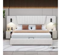 Cama doble tapizada 180x200 con espacio de almacenaje, canapé con puerto USB, cama hidráulica con lámpara de lectura regulable y cabecero, cama funcional con somier de láminas, terciopelo,White