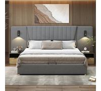 Cama doble tapizada 180x200 con espacio de almacenaje, canapé con puerto USB, cama hidráulica con lámpara de lectura regulable y cabecero, cama funcional con somier de láminas, terciopelo,Grey