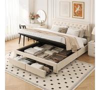 Cama Doble tapizada de 160 x 200 cm,Cama Matrimoniales con Almacenaje Hidráulica y 2 cajones, Cama con Cabecero tapizado, Somier Metálico, Camas Funcional Juvenil, Terciopelo, Beige, Sin Colchon