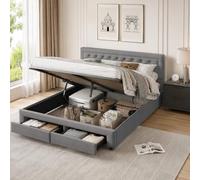 Cama Doble tapizada de 180 x 200 cm,Cama Matrimoniales con Almacenaje Hidráulica y 2 cajones, Cama con Cabecero tapizado, Somier Metálico, Camas Funcional Juvenil, Terciopelo, Gris, Sin Colchon