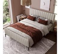 Cama doble tapizada de 180 x 200 cm, estructura de cama con somier de láminas y cabecero ajustable, cama tapizada en gris-beige, estructura de cama juvenil para dormitorio de invitados - material de