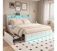 Cama doble tapizada de 180x200 cm,cama con espacio de almacenamiento y 4 cajones,Iluminación LED con listones, Cabecera con estación de carga,cama funcional cama de almacenamiento cama juvenil Beige