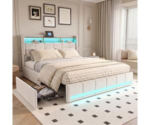 Cama doble tapizada de 180x200 cm,cama con espacio de almacenamiento y 4 cajones,Iluminación LED con listones, Cabecera con estación de carga,cama funcional cama de almacenamiento cama juvenil Beige