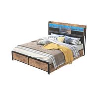 Cama doble tapizada de metal 160x200cm con somier de láminas, cama juvenil con led y usb, canapé con 4 cajones, para adultos y jóvenes,marrón