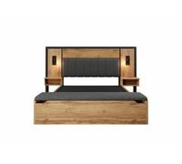 Cama doble zilkith queen tapizada en lino gris efecto madera de roble con lámpara y mesita de noche, toma usb c 160×200 (sin colchón)