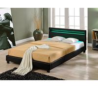 Cama Elegante de Matrimonio tapizada en Piel sintética - con Sistema de iluminación LED - 140x200cm (Negro) - diseño Moderno