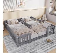 Cama en el suelo infantil 90 x 200 cm, cama doble bebé con barrera de seguridad y somier de láminas para cama infantil de madera maciza de pino para niños y bebés, cama Montessori para 2 personas