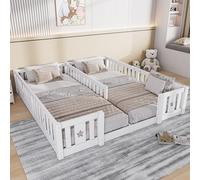 Cama en el suelo infantil de 90 x 200 cm, cama doble bebé con barrera de seguridad y somier de láminas de madera maciza de pino para niños y bebés, cama Montessori para 2 personas (blanco) con