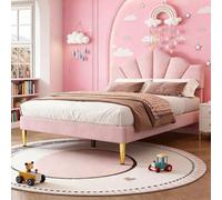 Cama en forma de concha con patas de hierro doradas, cama acolchada de terciopelo rosa de 140x190 cm con cabecero ajustable y somier de láminas de madera