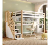 Cama entrepiso infantil con escalera de almacenamiento 90 x 200, litera infantil 90 x 200, cama infantil con gran escritorio y estantes, pinturas ecológicas, madera maciza + MDF, natural y blanco