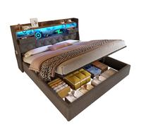 Cama flotante tapizada con iluminación LED, cabecero y estación de carga (1 tipo C, 3 puertos USB), cama individual moderna con cabecero de almacenamiento y somier de listones, lino, gris (160 x 200