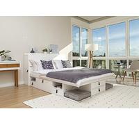 Cama Funcional Bali de 140 x 190 cm - Cama con Mucho Espacio de Almacenamiento y cajones, Ideal para dormitorios pequeños - Moderna Cama de Pino de Madera Maciza lacada en Blanco - Precio Incluye