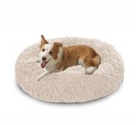 Cama grande para perro, lavable, antiansiedad, cojín cálido de dona, colchón redondo suave para mascotas, gato, antideslizante, tamaño mediano y grande (130 x 130 x 20 cm, color blanco hueso)
