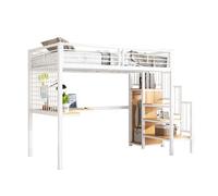 Cama hierro, litera, alta, niños/adolescentes, mesa, armario, escalera lateral (pasamanos), hierro+aglomerado, blanco+natural, 90x200cm