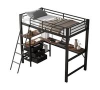 Cama hierro litera, niños/adolescentes, 3 cajones, mesa 2m, escalera 4 peldaños inclinada, hierro+aglomerado, negro+nogal oscuro, 90x200cm