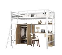 Cama hierro litera, niños/adolescentes, mesa, armario, almacenaje, escalera 4 peldaños inclinada, hierro+aglomerado, blanco+natural, 90x200cm