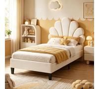 Cama Individual 90x200 cm con Cabecero de Flores, Estructura de Cama Tapizada en Terciopelo Beige, Sommier de Láminas de Madera, Altura Regulable, Estilo Moderno para Dormitorio Juvenil o Invitados