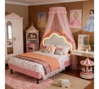 Cama individual acolchada de 90 x 200 cm con LED, cama infantil de 90 x 200 cm con cabecera de nubes regulable en altura, cama niña princesa con somieres de láminas marco de cama adolescente (rosa-5